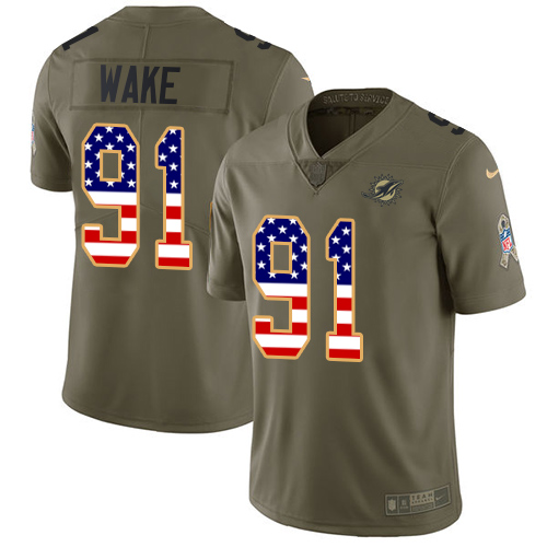 Nike Miami Dolphins #91 Cameron Wake Olive USA Flag Men Stitched NFL Limited 2017 Salute To Service Jersey